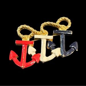 Vintage Lisner Brooch Anchor Trio Patriotic Red White Blue Enamel
